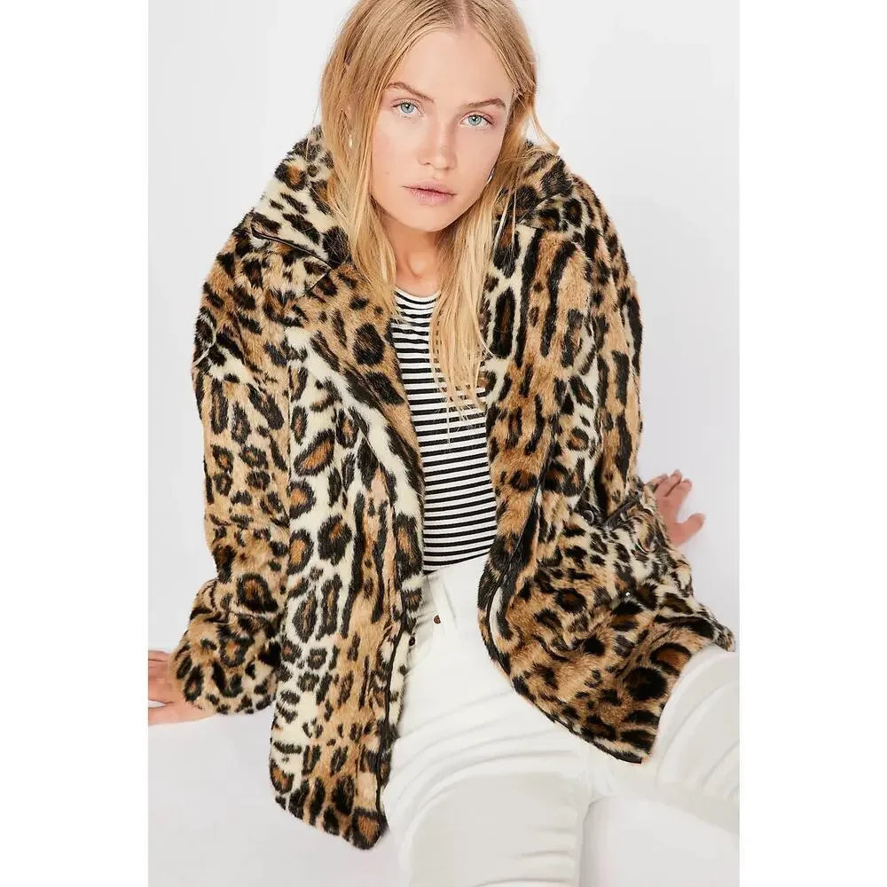 Free People Kate Leopard Print Faux Fur Oversized Coat Jacket Size XS